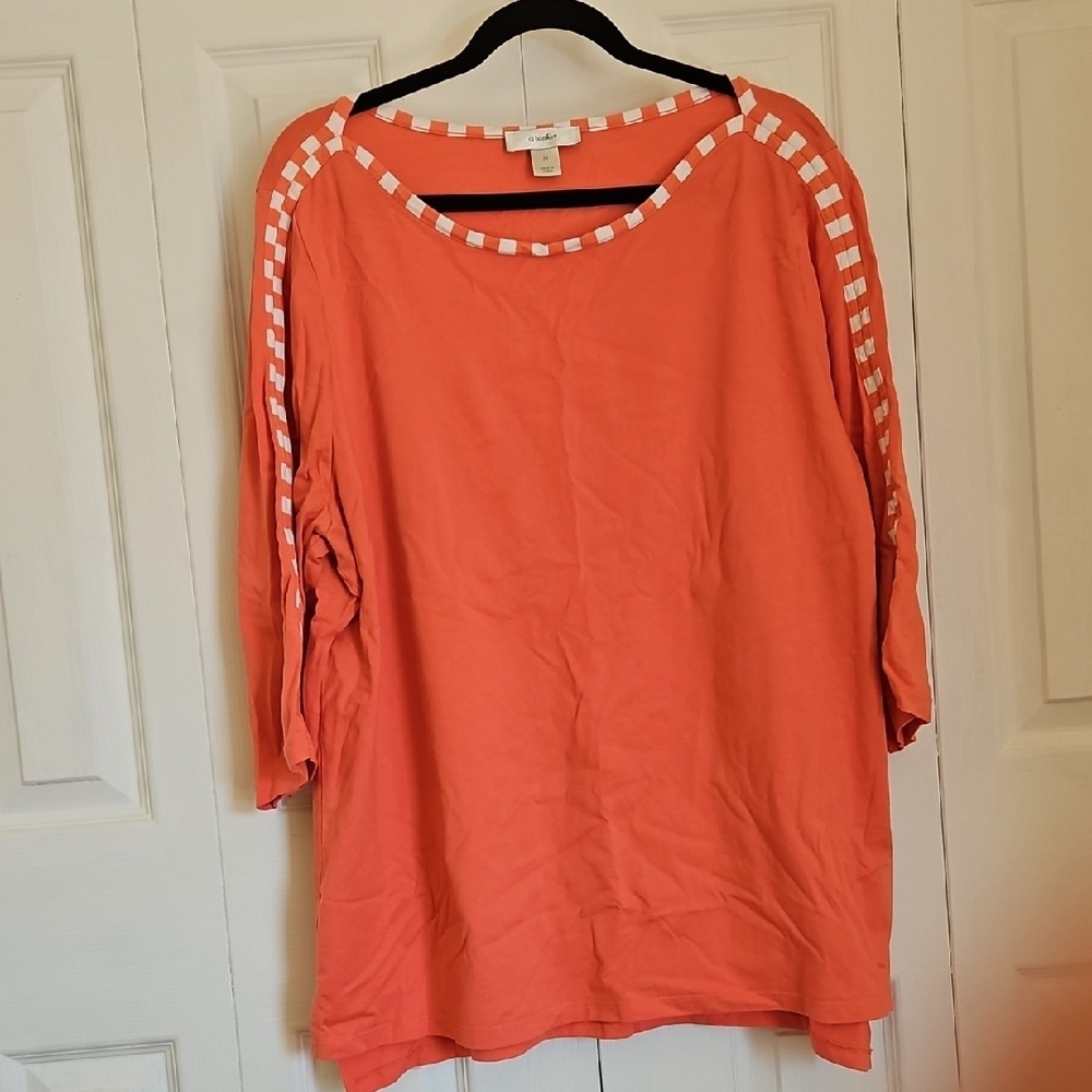 CJ Banks Coral Women's Top with Checkered Accents 2x